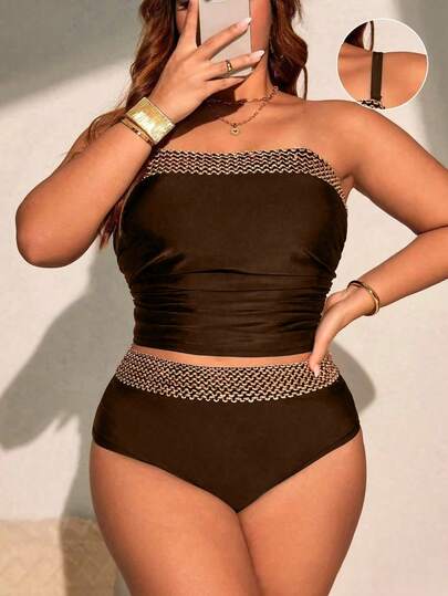 Swim Chiccia Conjunto de bikini de 2 piezas para mujer talla grande, con top corto de patchwork de ganchillo negro y Bottom de triángulo de patchwork de ganchillo de cintura alta, uso minimalista para vacaciones y uso diario