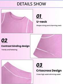 Dewbera Bộ đồ thể thao tập luyện 2 món cổ tròn tay ngắn viền màu tương phản và quần dài ống rộng cho nữ - Hồng - Xem 4