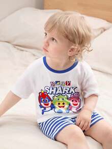 BABY SHARK X SHEIN Baby Boy Letter & Cartoon Print Round Neck Short Sleeve T-Shirt And Striped Print Shorts Set - Blue and White - View 5