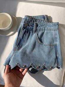 SHEIN MOD 女士水钻装饰拉链口袋弧形下摆牛仔短裤 - 淺色水洗藍 - 查看 7