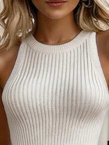 SHEIN Elenzya 优雅圆领无袖开衩春夏新款女士毛衣连衣裙 - 白色 - 查看 4