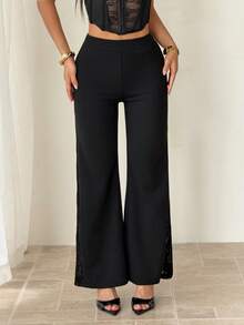 SHEIN PETITE Pantalones negros de punto de mujer con entretejido geométrico de encaje ancho - Negro - Ver 4