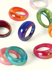 Popjeli 10 Piezas/set Anillos Grandes Y De Forma Redonda De Resina Geométrica Con Estilo Para Accesorios De Fiesta De Mujer - Multicolor - Ver 6