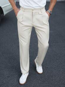 Manfinity Mode Men's Solid Color Pleated Straight Leg Business Casual Pants - Beige - View 4