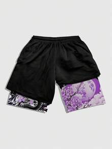 ROMWE MEN Anime Quần short nam hai lớp, cạp chun, in hình rồng Trung Quốc, kiểu dáng thường ngày. - Nhiều màu - Xem 2