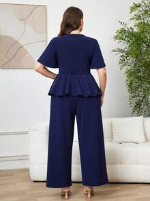 SHEIN Clasi Plus Size Women's 2 Piece Set,Navy Blue Summer Elegant Formal Work Outfits,V-Neck Short Sleeve Top And Pants With Pockets,Solid Outfit Sets - Navy Blue - View 3