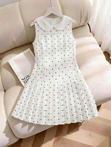 女童复古甜美波点印花彼得潘领无袖褶皱连衣裙，适合春夏日常外出、派对等场合，白色 - 白色 - 查看 6