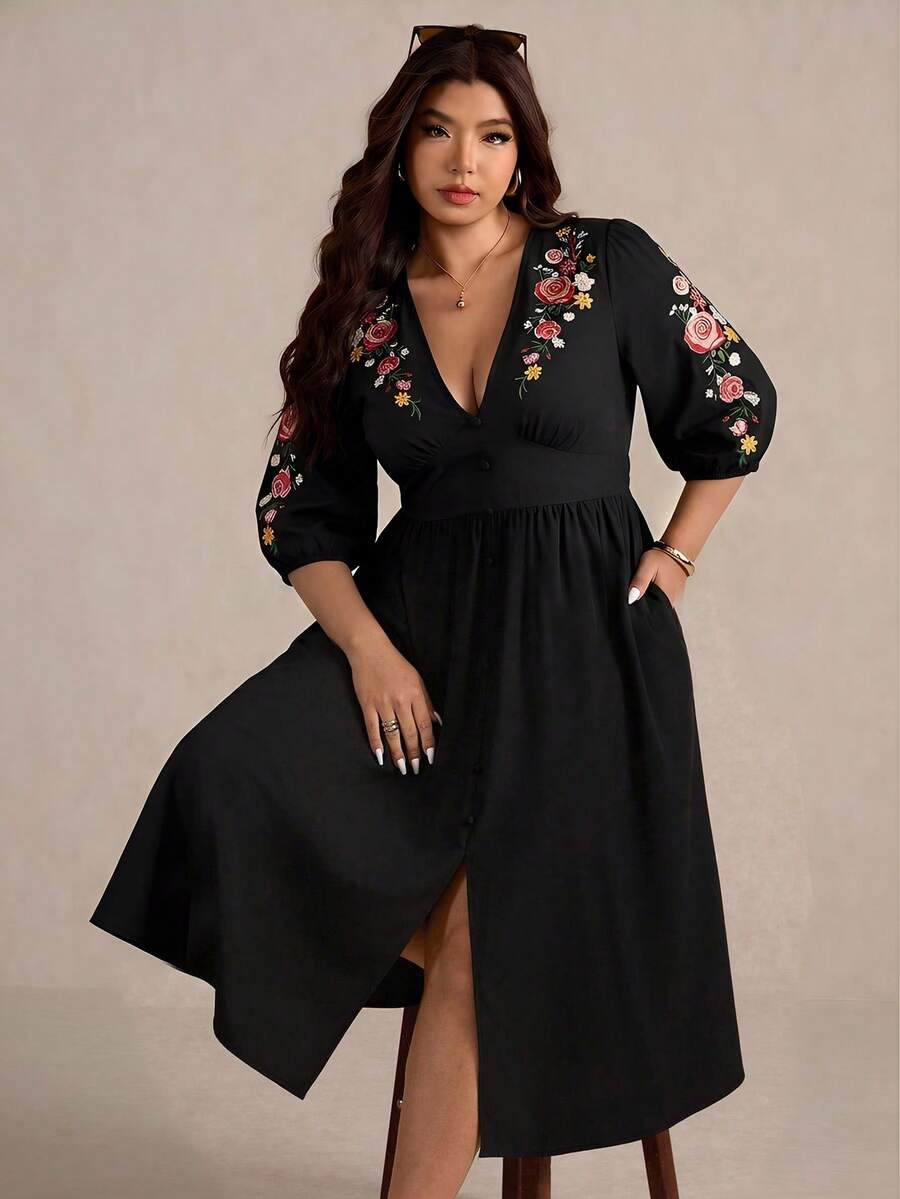 Elaquor 新款秋季加大码浪漫优雅休闲度假刺绣V领中长连衣裙（女款） - 黑色 - 查看 1
