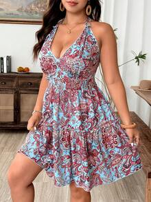 Weeklong Plus Size Women's Light Blue Summer Boho Vacation Casual Retro Floral Print Backless Spaghetti Strap Mid-Length Dress With Bow Tie, Spring Vacation - Multicolor - View 6