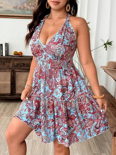 Weeklong Plus Size Women's New Casual Bohemian Retro Floral Print Backless Spaghetti Strap Mid-Length Dress With Bow Tie, Suitable For Daily Wear, Vacation, Spring/Summer