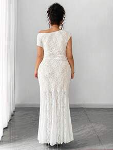 Elenzga Plus Size Women's Elegant French Lace Asymmetrical Shoulder Fishtail Dress, Suitable For Birthday Party, Date, Summer - White - View 2