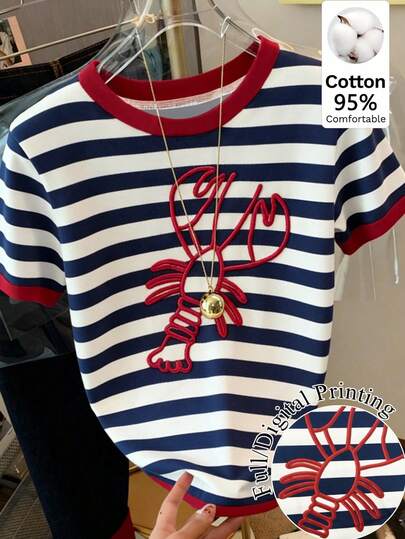 SHEIN EZwear Áo thun nữ tay ngắn cổ tròn dáng rộng, chất liệu 95% cotton - Họa tiết kẻ sọc, hình tôm hùm, phong cách đường phố punk retro miền Tây, thích hợp cho kỳ nghỉ, lễ tốt nghiệp, tựu trường, mùa hè, đạp xe.