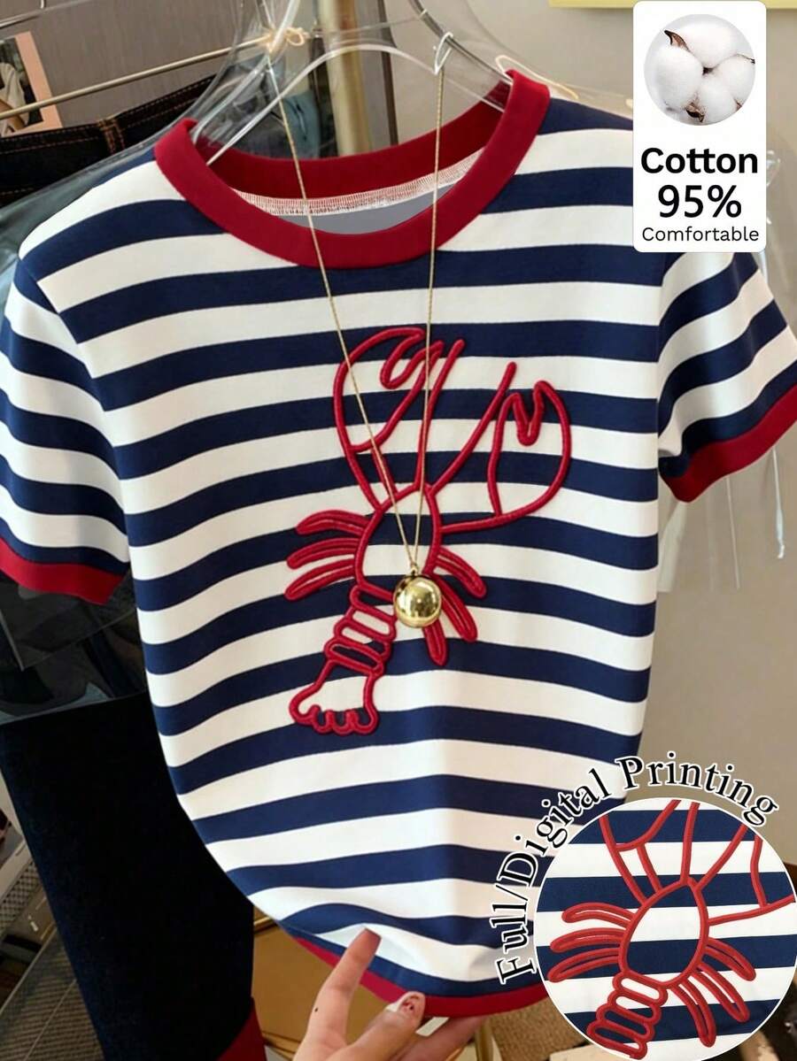 SHEIN EZwear 95%纯棉女士休闲宽松圆领短袖T恤 - 条纹龙虾印花，街头朋克复古西部风格，适合度假、毕业典礼、返校、夏季、骑行等场合 - 彩色 - 查看 1