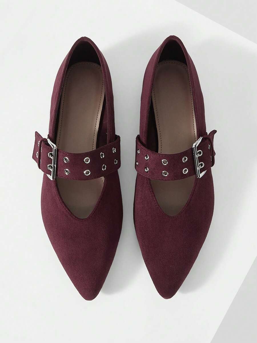Mnmlis Women's Shoes Pointed Corns Buckle Design Fashionable Daily Travel Casual Shoes - Burgundy - View 1