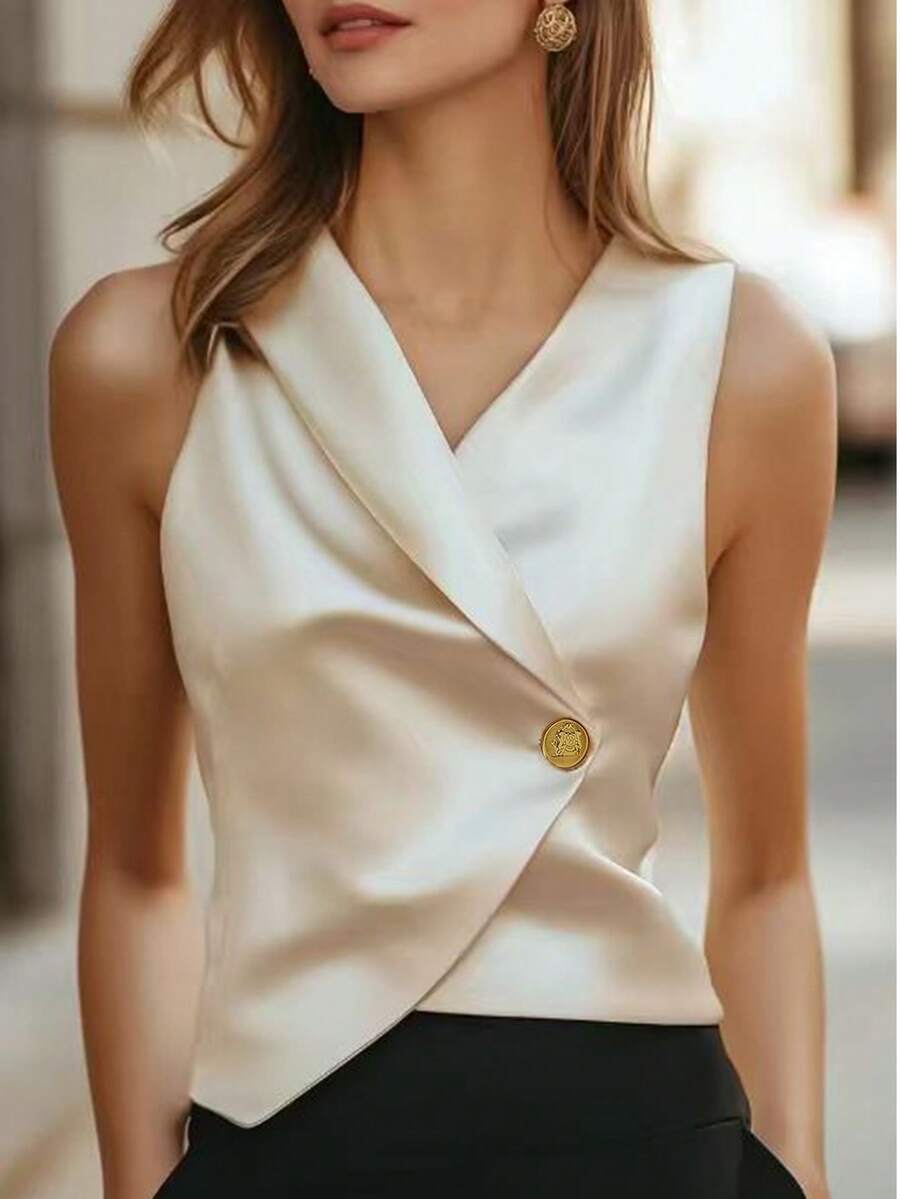 Balvessa Áo sơ mi nữ bằng vải satin, cài một hàng khuy, không tay, có cổ. - Rượu sâm banh - Xem 1
