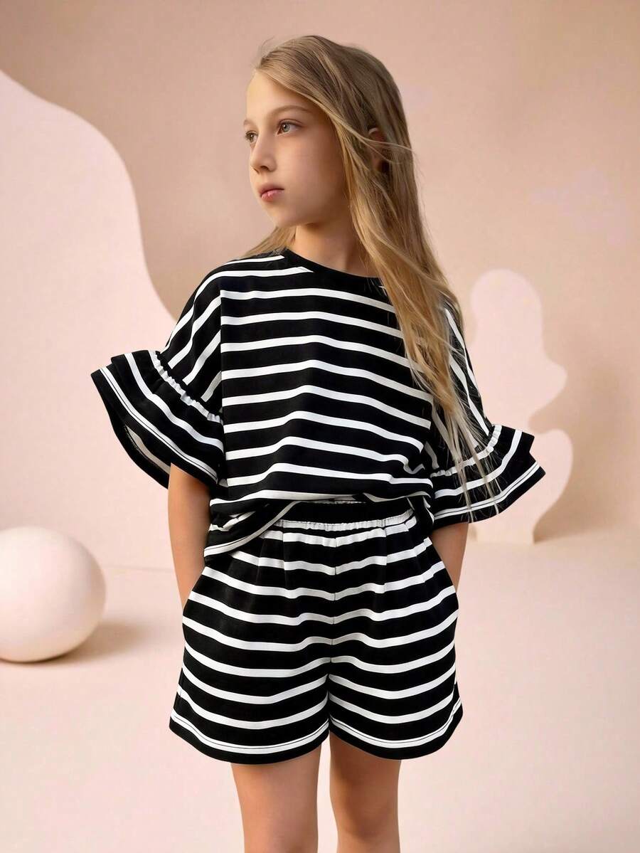 SHEIN 2pcs/Set Tween Girls' Round Neck Short Sleeve Striped Ruffle Sleeve T-Shirt And Striped Shorts - Black and White - View 1