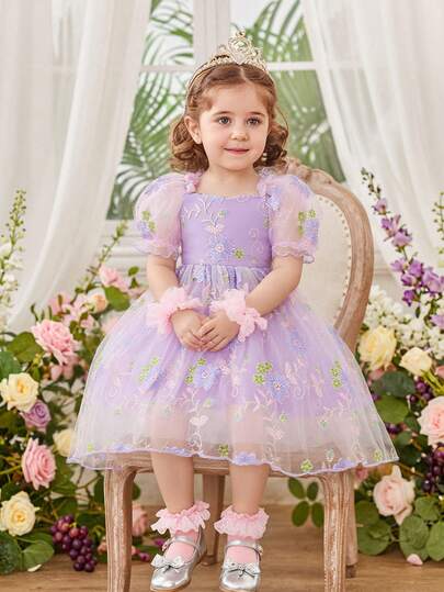 Glamorique Kids Baby Girls' Princess Dress, Spring/Summer Style, Dress, Summer, Soft, Summer Dress, Spring/Summer Inspired, Princess Dress, Embroidered Dress, Flower Girl, Birthday Party, Wedding Holiday Formal Dress, Puff Sleeves, European And American, Cute, Beautiful Dress, Piano Recital, All Season