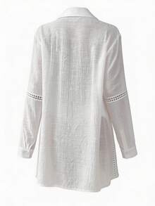 Swim Vcay Women's Solid Color Button Front Long Sleeve Casual Kimono-Style Cover Up, For Summer Beach Vacation - White - View 8