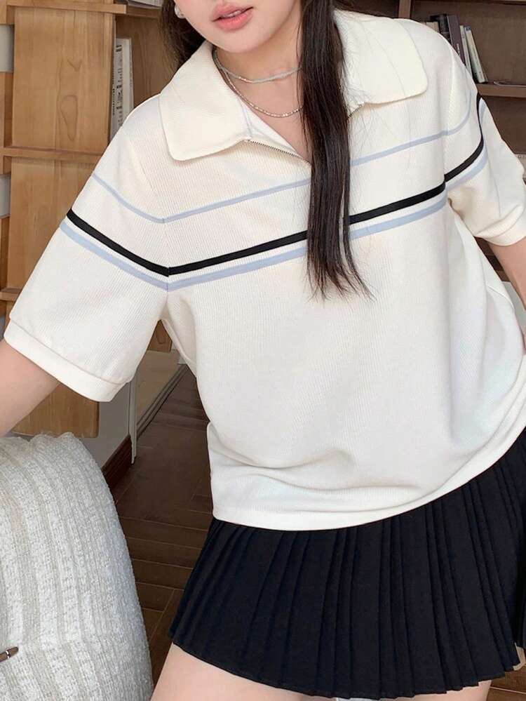 Dazy Plus Color Block Zipper Half-Placket Polo Collar Loose Casual Plus Size T-Shirt For Women, Spring/Summer