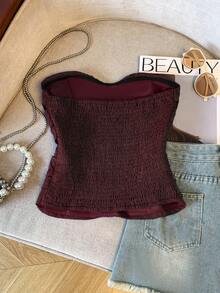 GlowEve Denim-Effect Fabric Button Decor Ruched Elegant Camisole Top For Women - Burgundy - View 2