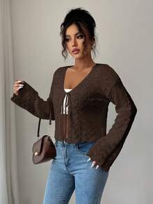 Elenzga Women's Elegant Tie-Front Hollow Out Cardigan - Coffee Brown - View 6