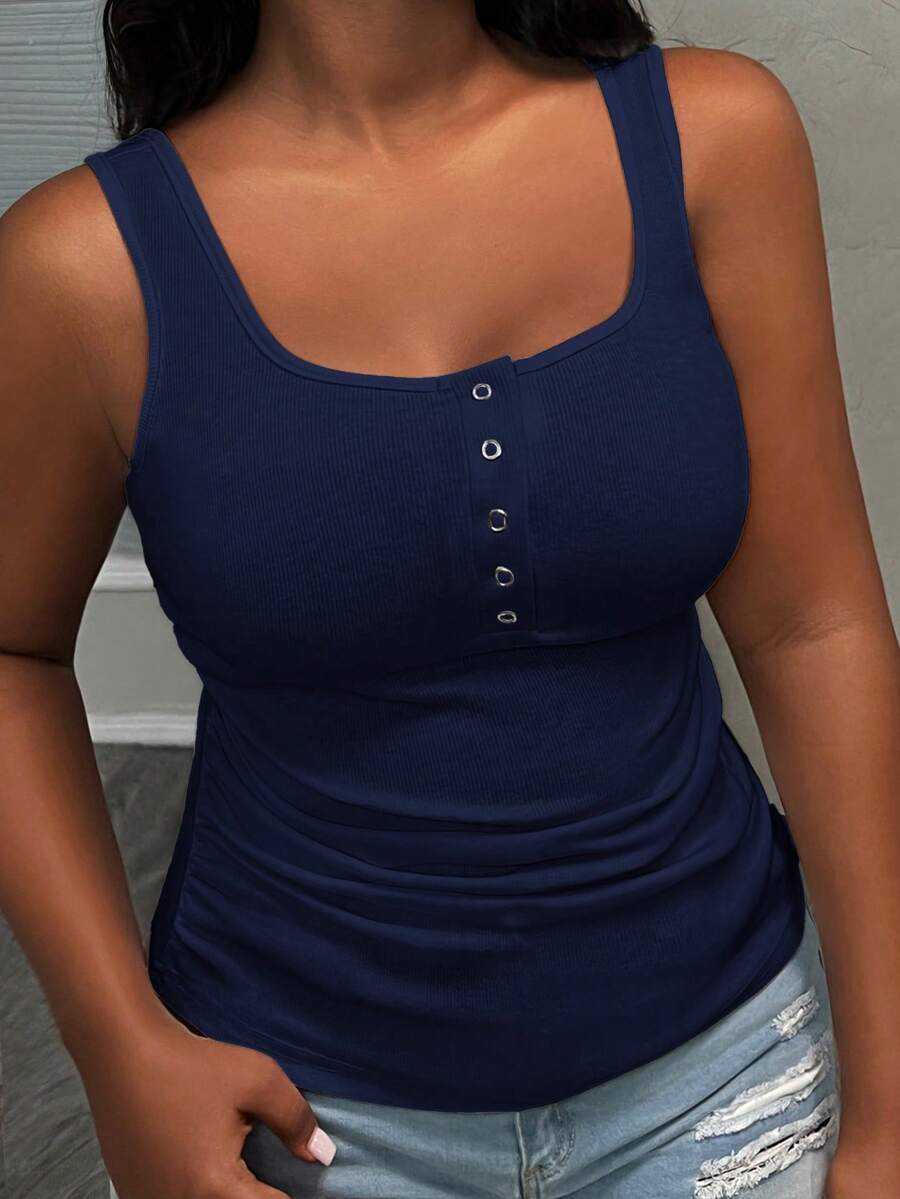 Slaydiva Casual All-Match White Cami Top With Deep U-Neck And Racerback Women's Plus-Size ,School; Teacher; Homecoming - Navy Blue - View 1