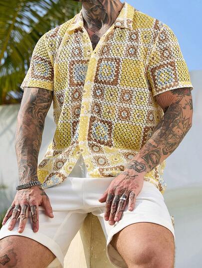 Manfinity CasualCool Men's Summer Vacation Textured Front Button Short Sleeve Shirt,Men Old Money,Daily Leisure, Weekend Trips, Outdoor Activities, Travel Expeditions, Relaxed Work Environments Or Semi-Formal Occasions, Boyfriend/Husband Gift, Anniversary /Birthday Gift Party Summer Vacation Holiday,Wedding,Spring To Summer,Easter,Y2k,Vintage,Mens Yellow Short Sleeve Crochet Knit Top Casual Vacation Button Shirt Breathable,Men Casual Vacation Shirt,Boho Men Shirt,Beach Men Shirts,Summer Button Shirts For Men,Men Resort Wear