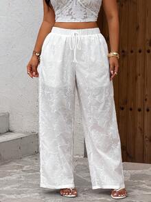 Sunnyshic Pantalones blancos bordados informales para mujer de talla grande, pantalones cómodos para la playa en primavera y verano - Blanco - Ver 4