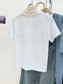 Resyla 女士半拉链条纹短袖T恤，夏季 - 彩色 - 查看 2