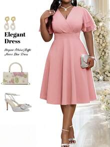 SHEIN Lady Vestido elegante con mangas plisadas y con volantes para mujer de talla grande - Rosa vieja - Ver 1