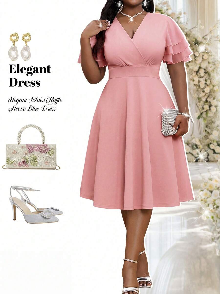 SHEIN Lady Vestido elegante con mangas plisadas y con volantes para mujer de talla grande - Rosa vieja - Ver 1