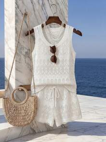 Franclia 女士镂空设计无袖针织上衣和针织短裤两件套 - 杏色 - 查看 1