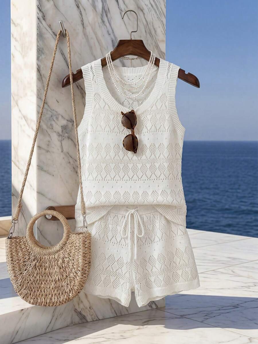 Franclia 女士镂空设计无袖针织上衣和针织短裤两件套 - 杏色 - 查看 1