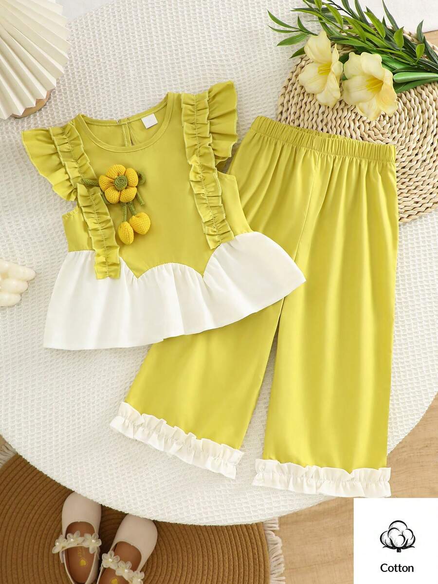 Elladie kids 2026 女童短袖不对称花卉荷叶边背心裤套装，可爱活力休闲日常装 - 綠色 - 查看 1