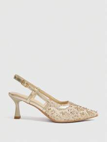 CUCCOO SZL 尖头新款透气镂空串珠时尚百搭气质优雅性感仙女金色高跟鞋 - 金色 - 查看 2