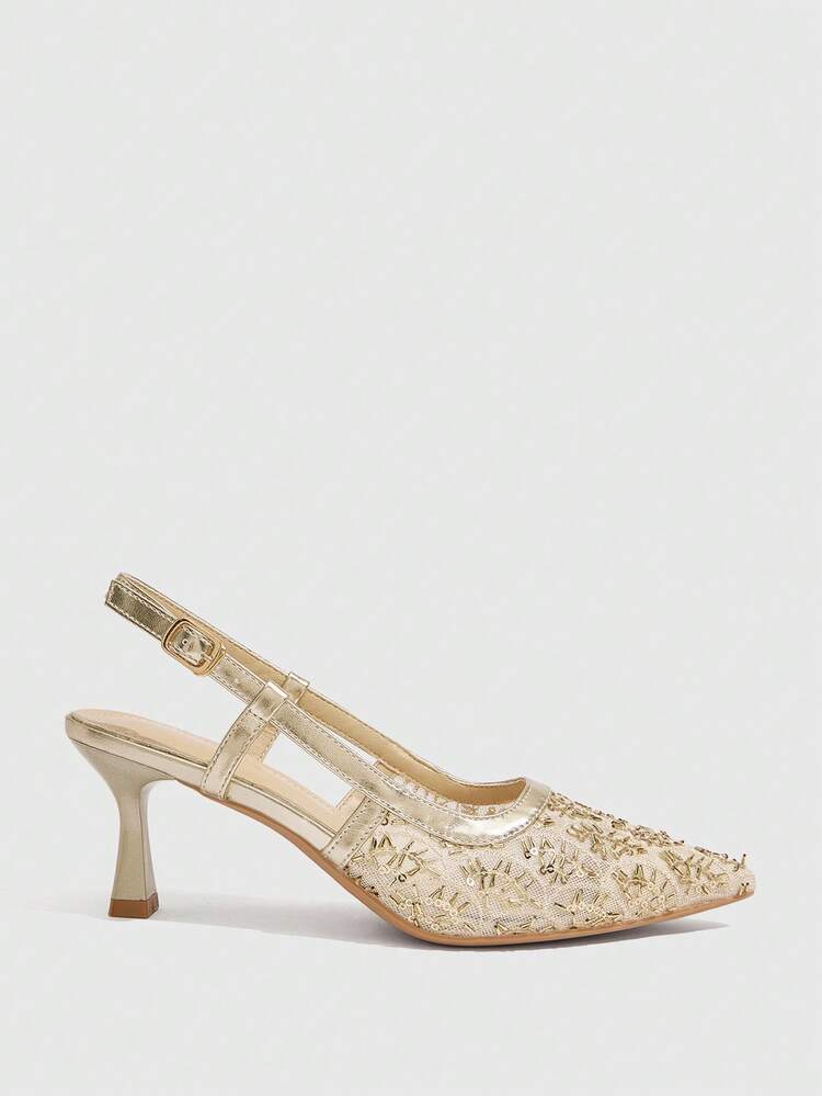 CUCCOO SZL Pointed New Breathable Hollow Beaded Fashion Versatile Temperament Elegant Sexy Fairy Gold High Heels