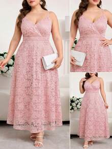 Reflora 大码优雅纯色蕾丝吊带连衣裙，夏季 - 粉色 - 查看 2