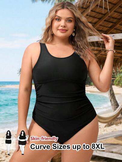 SHEIN CURVE+ Áo tắm liền thân hở lưng, màu trơn, xếp ly, dành cho nữ cỡ lớn, thích hợp cho kỳ nghỉ hè.