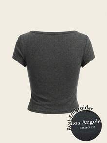 SHEIN EZwear Áo thun nữ dài tay cổ tròn, ôm sát, chất liệu cotton mềm mại, in họa tiết bông tuyết, kiểu dáng tối giản, thanh lịch, thích hợp mặc ngoài trời. - màu đen - Xem 2