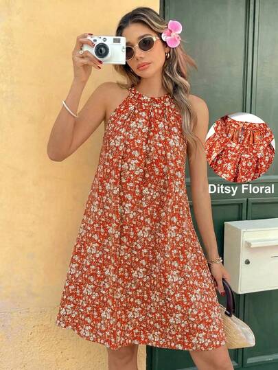 Breezaya Women's Summer French Chic Vintage Ditsy Floral Halter Sleeveless Pleated Round Neck A-Line Dress,Dress For Outgoing Party Chic,Suitable For Dates,Gatherings,Parties,And Elegant Daily Wear Casual Everyday Wear,Holiday Dresses,Red Dress,Elegant Occasions,Beach Dresses,Boho-Style Casual Dresses Boho Dress Spring/Summer Island Resort Dress Summer Holiday Outfits Dress, Resort Wear Vacation Dress Floral Print Sundress Halter Neck Dress Women's Summer Dresses Summer Dresses For Women