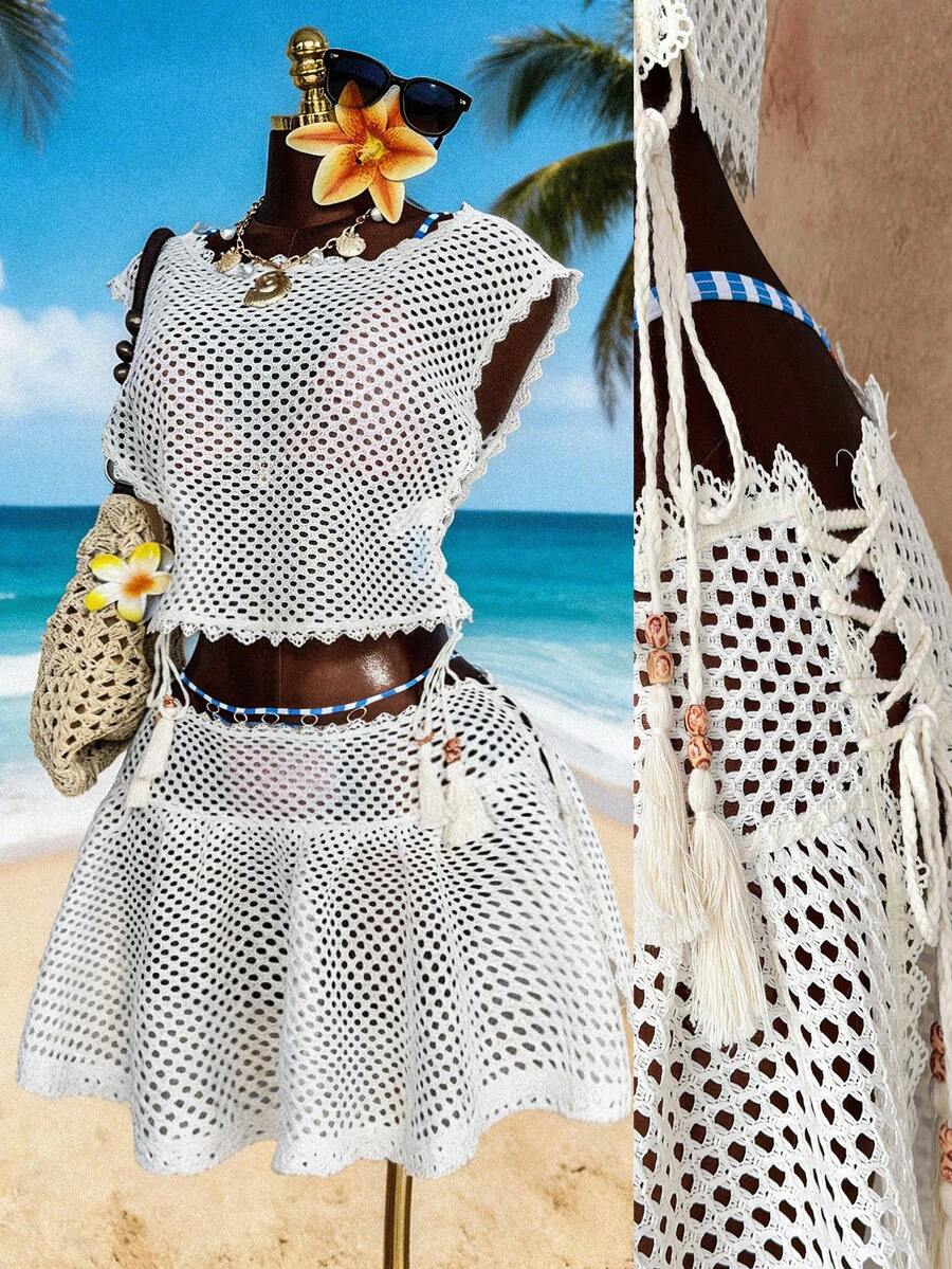 Sunspun Plus Size Sexy Hollow Out 2 Pieces Beach Vacation Set - Apricot - View 1