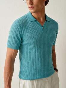 RONVEXI Men's Casual Knit Short Sleeve Top,Teal Blue Summer Knitted Polo For Men,Versatile For Daily Wear,Commute,Brunch,Streetwear Casual Polo Shirt Blouse - Dusty Blue - View 3