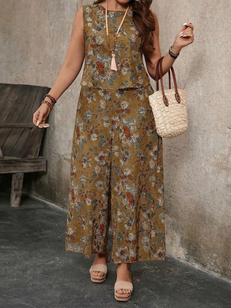 Breezaya Setelan 2 Potong Wanita Ukuran Besar Motif Leher Bulat Tanpa Lengan dengan Celana Panjang Lebar, Musim Panas - Coklat - View 1