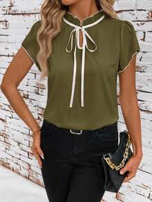 SHEIN Clasi Figurbetonte Damen-Bluse mit Kontrastfarbe und kurzen Ärmeln, Olivgrün, elegant, smart casual, Büro, Sommeroutfit, Lehrerin, Country-Stil, Lehrertag - Armeegrün - Übersicht 5