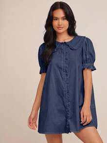 2026 Vestido bohemio mini de línea A con manga corta abullonada, cuello con volantes, abotonado, 100% algodón, para rodeo de Nashville, vacaciones, lindo atuendo para brunch - Azul marino - Ver 3