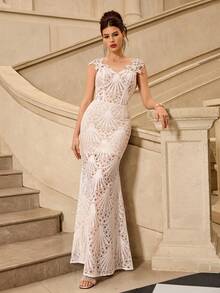Coutiva Women's Elegant Fitted Dress With Applique Design, Suitable For Weddings, Birthday Parties, Back To School Events, And Graduation Ceremonies Elegant Off-Shoulder Sequin Tassel Decor Fishtail Party Dress Women's Sequin Mermaid Formal Evening Gown One Shoulder Formal Dress Purple Women Evening Dress Gowns Glamorous Dress Dress Elegant Gala Dress Elegant Valentines Dress Elegant Dress Sequin Dress Pink Red Dress Floral Dress Valentines Dress Elegant Dress Sequin Dress Floral Dress Luxury Graduation Ceremony, School Opening, Music Festival, Birthday Party, Wedding, Afternoon Tea Gathering, Ball - White - View 4