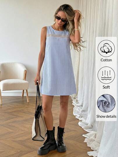 Easowa Women's Striped Round Neck Contrast Lace Sleeveless Casual Mini Dress Vacation/Boho/Sexy Light Blue Dress Women Comfy Dress Dress Casual Cotton Dress Dress Summer Women Summer Dress  Easter Dress Women Vacation Outfits Women