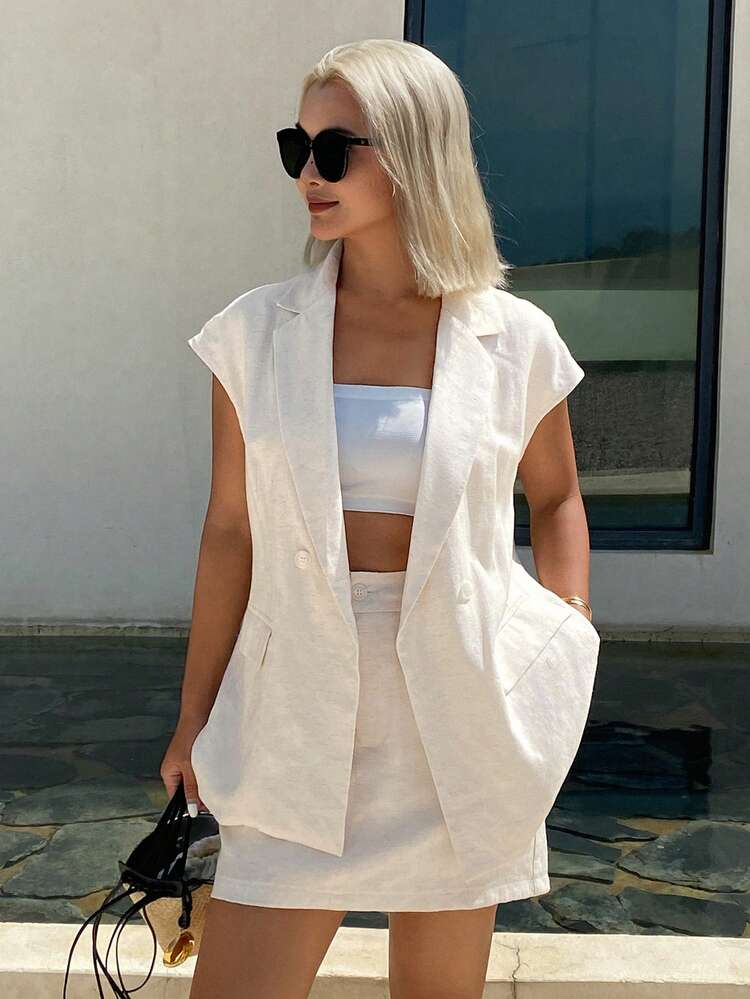Women's Sleeveless Loose Blazer And Straight Skirt Elegant Formal Summer 2 Pieces Set