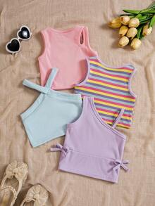 SHEIN Playful Pals 4pcs/Set Baby Girls' Colorful Dopamine Print Solid Color Camisole Tops, Summer - Multicolor - View 2
