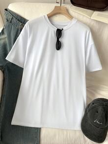 SHEIN EZwear 大碼素色落肩T恤 - 白色 - 查看 1